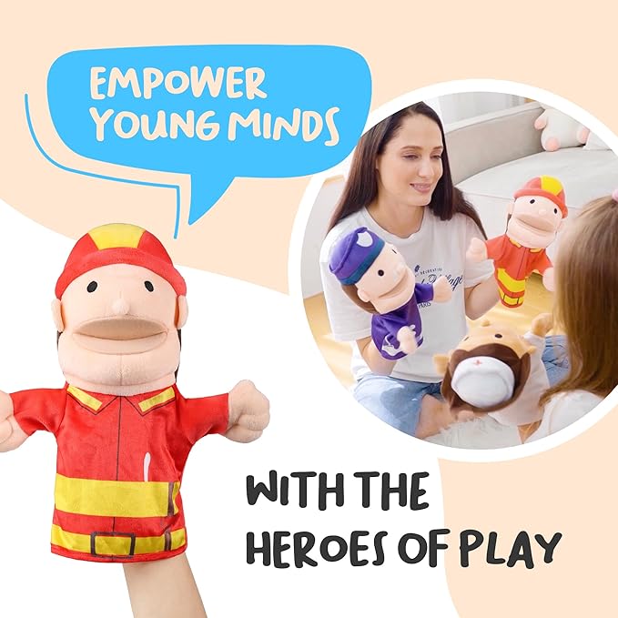Hero Hand Puppets for Kids - Designed by Occupational Therapist, Doctor, Nurse, Firefighter + Police Officer, Interactive Educational Toy, Kids Heroes of Play, 12.5in x 11in
