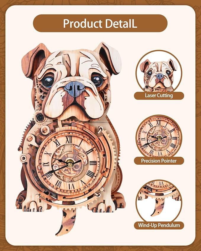 3D Wooden Puzzles for Adults, 3D Puzzles Bulldog Clock(with Pendulum) 32Pcs, Beginners Wooden Puzzle for Adults Teens Home Wall Decor Clock Crafts for Adult Puzzle Gift for Women Men