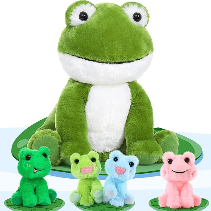 MorisMos Big Frog Stuffed Animal Plush Toys,Large Green Mommy Frog Toy and 4 Baby Toads for Kids,Cute Plush Toad Toys,Soft Green Stuffed Animals Gift for Girls Boys Christmas Baby Shower Birthday