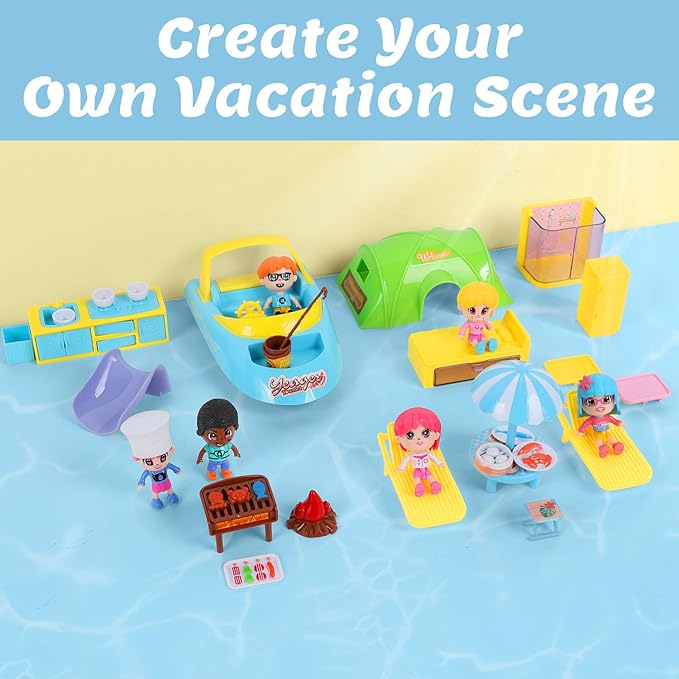 iPlay, iLearn Boat Dollhouse Playset for Girls 3-5, Kids Pretend Play Doll House Set W/ Cruise Ship, Dolls, Camping Accessories, Birthday Gifts for 4 5 6 Year Olds Children Toddlers