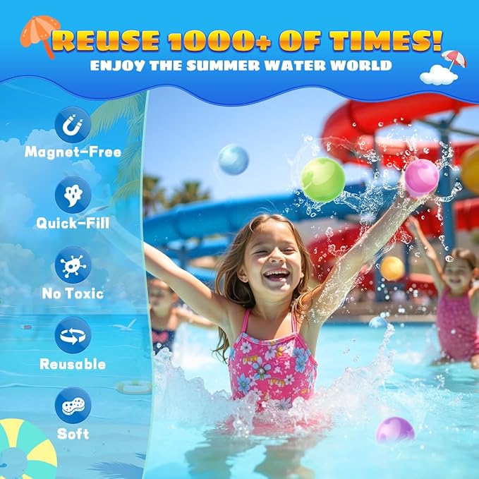 Reusable Water Balloons for Kids - No Magnets, Leak-Resistant Silicone Splash Balls, Quick-Fill & Long-Lasting - Durable Outdoor Water Toys for Summer Pool Party, Backyard Water Games