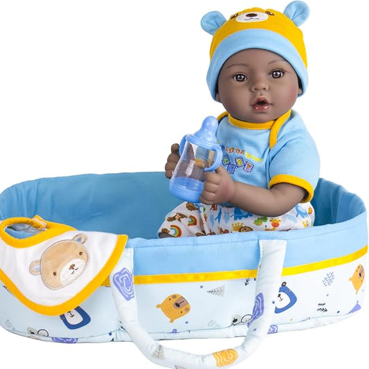 Aori Black Reborn Baby Dolls - 18 Inch Black American Lifelike Weighted Newborn Boy with Soft Cloth Body, 8pc Gift Set (Outfit/Bottle/Pacifier) - Realistic Baby Doll Safe for Ages 3+