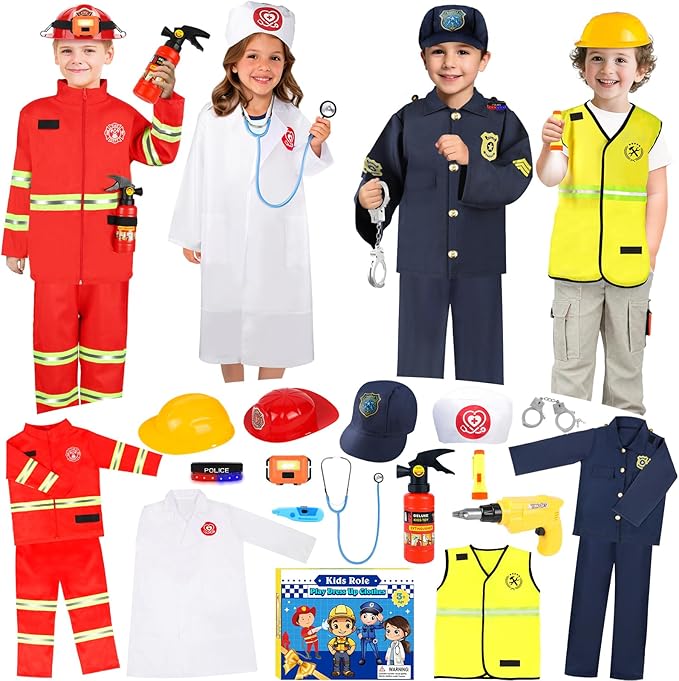 Toddler Dress Up Clothes, Kids Role Play Costumes 4 In 1 Set-Police Doctor Fireman Engineer for Boys Girls Aged 3-8, Career Dress Up Pretend Play Toys, Birthday Halloween Christmas Gifts