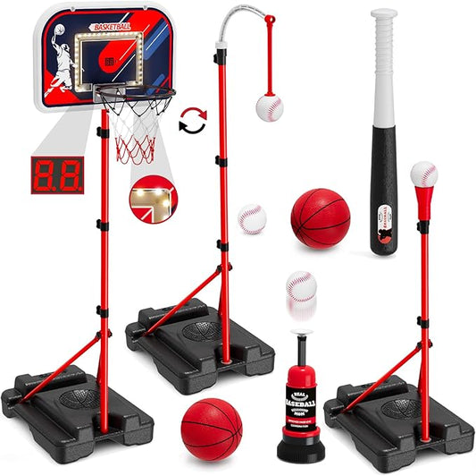 4 in 1 Kids Basketball Hoop and Tball Set 3-5, Basketball Goal with Scoreboard&LED, Hanging Tee Ball Stand with Baseball Pitching Machine, Indoor Outdoor Sport Toys for Boys 4-8