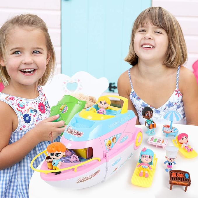 iPlay, iLearn Boat Dollhouse Playset for Girls 3-5, Kids Pretend Play Doll House Set W/ Cruise Ship, Dolls, Camping Accessories, Birthday Gifts for 4 5 6 Year Olds Children Toddlers