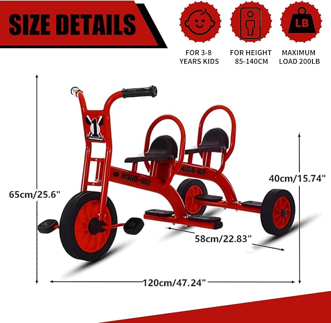 Kids Tricycle for Preschool Playground, Daycare Toddler Tandem Trike, Children Double Seat Bikes with Passenger Seat, Outdoor Playground Equipment Toddler Tricycles for Riders Ages 3+