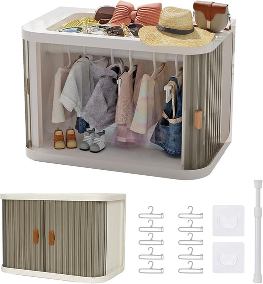 Doll Wardrobe Storage Box, Foldable Doll Closet with 10 Hangers and Rod for 15/17cm Doll Clothes Stackable Organizer Cabinet with Dust-Resistant Cover and Display Shelf (Transparent Grey)
