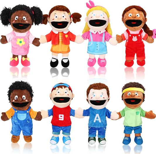 Lenwen 8 Piece Kids Hand Puppet Set, 12 Inch Multicultural Plush Hand Puppets with Movable Mouth, Suitable for Classroom Interaction