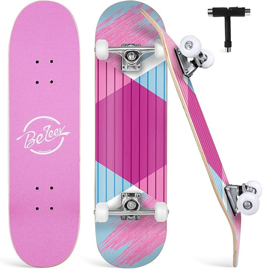 BELEEV Skateboards for Beginners, 31 x 8 inch Complete Skateboard for Kids Teens Adults, 7 Layer Canadian Maple Double Kick Deck Concave Cruiser Trick Skateboard with Multifunction Skate T-Tool