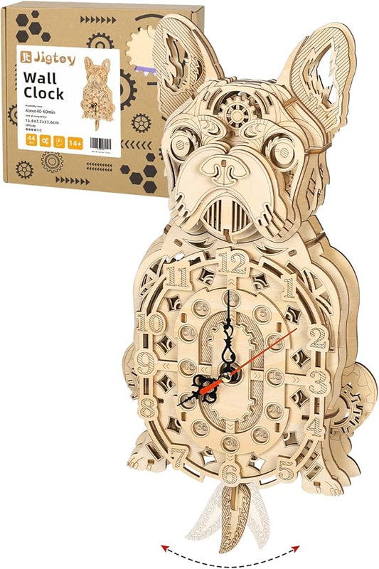 Wooden 3D Puzzles for Adults: Mechanical Bulldog Clock Model - Christmas-Themed Wooden Clock Kits to Build with Wall Clock Pendulum