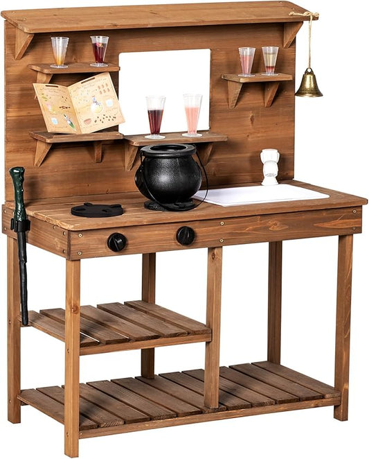 Mud Kitchen Playset for Kids, Wooden Magic Kitchen Set w/Wand, Recipe, Removable Sink, Faucet, Stove, Toddler Outdoor Pretend Play Kitchen, Witch Role Play, Fairy Potion, Gift for Boys Girls
