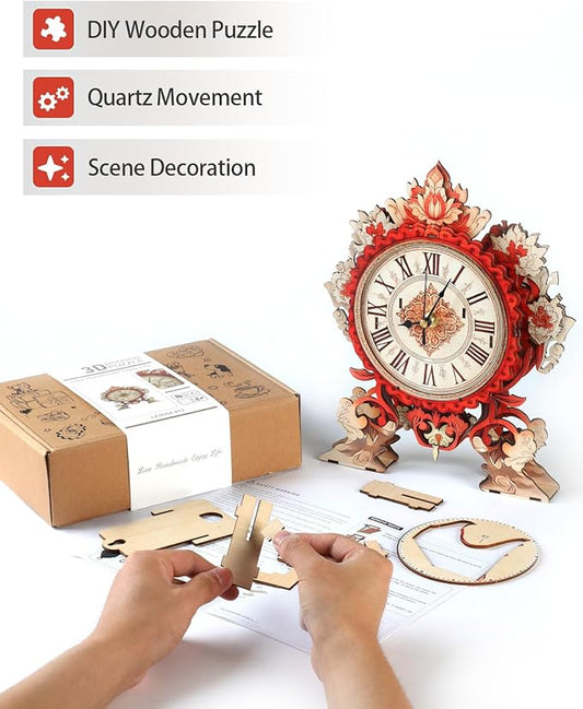 3D Wooden Puzzles for Adults, 3D Puzzles Flame Flower Clock Kit (with Pendulum), Wooden Puzzle for Adults Teens Home Wall Decor Clock Christmas Day Puzzle Gifts for Adults