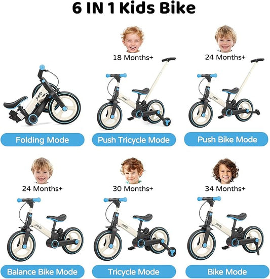 JMMD Toddler Bike with Push Handle for Kids 18-60 Months, 6 in 1 Foldable Push Bike with Training Wheels, Pedals, Brakes, Kickstand, Kid Balance Bike Gift & Toys for Boy & Girl