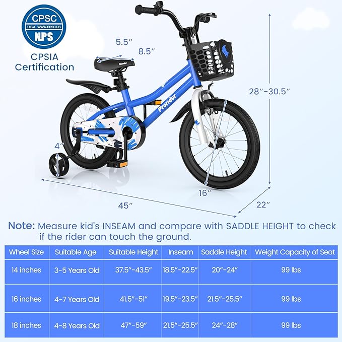 BABY JOY Kids Bike, 12 14 16 18 Inch Children Bikes for Boys Girls Age 3-8 Years w/Training Wheels, Handbrake, Coaster Brake & Removable Basket, Kids Bicycle of Multiple Colors