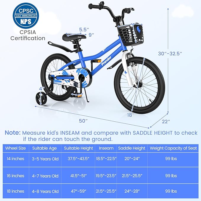 BABY JOY Kids Bike, 12 14 16 18 Inch Children Bikes for Boys Girls Age 3-8 Years w/Training Wheels, Handbrake, Coaster Brake & Removable Basket, Kids Bicycle of Multiple Colors
