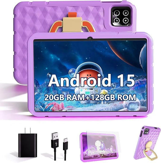 2025 Latest 10.1 inch Kids Tablet Android 15 Tablets for Kids with EVA Protective Case 20GB RAM 128GB Storage Toddler Tablet, Parental Controls, 12-hr Battery, WiFi, GPS, Purple