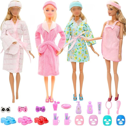 Doll Sleeping Clothes Accessories 28 Pcs Including 4 Sets Bathrobes Pajamas, Bath Towel , 4 Headband, 12 Toiletries, 8 Accessories, 3 Slippers for 11.5 Inch Girl Dolls Storytelling Bathroom Playset