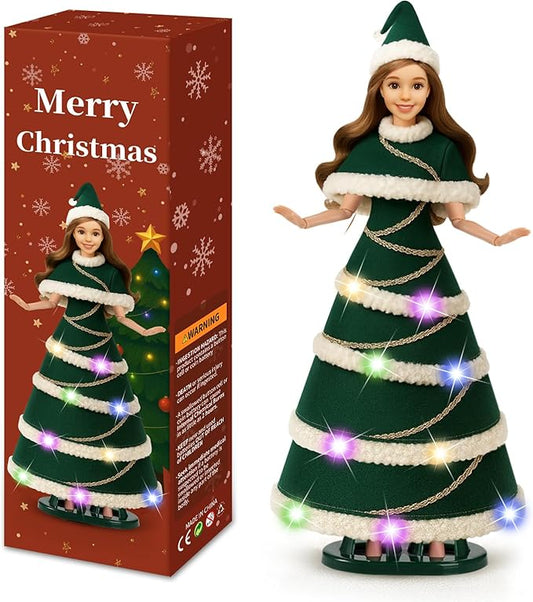 11.5-Inch Christmas Doll – LED Light-Up Dress with 3 Lighting Modes (Slow Flash, Fast Flash, Steady On),Display Stand, for Girls Ages 3–12 (Christmas Doll)