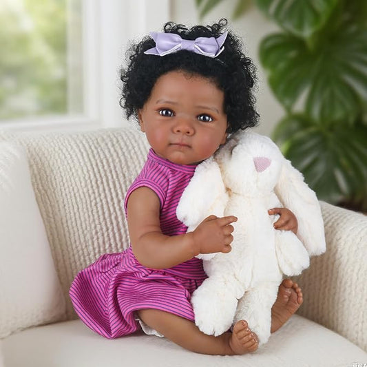 WOOROY Lifelike Reborn Baby Dolls - 20 Inch Black Realistic Baby Doll Girl African American Full Body Vinyl Purple Onesie & Bow Headband with Accessories Gifts for Kids 3+