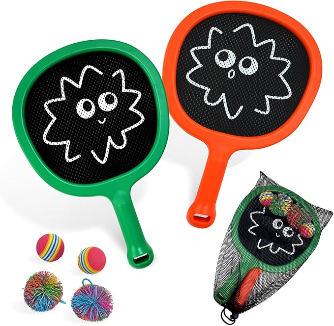Racquet Paddle Bouncy Ball Play Set for Kids Adults Family Activities Rackets, Indoor Outdoor Play Games,Children’s Pool Beach Sport Toys(with 4 Balls)