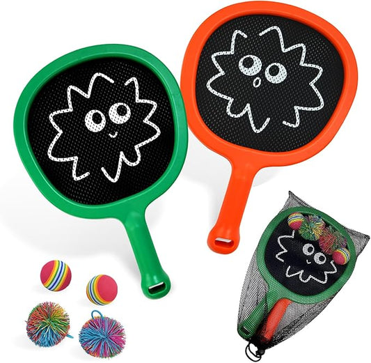 Racquet Paddle Bouncy Ball Play Set for Kids Adults Family Activities Rackets, Indoor Outdoor Play Games,Children’s Pool Beach Sport Toys(with 4 Balls)