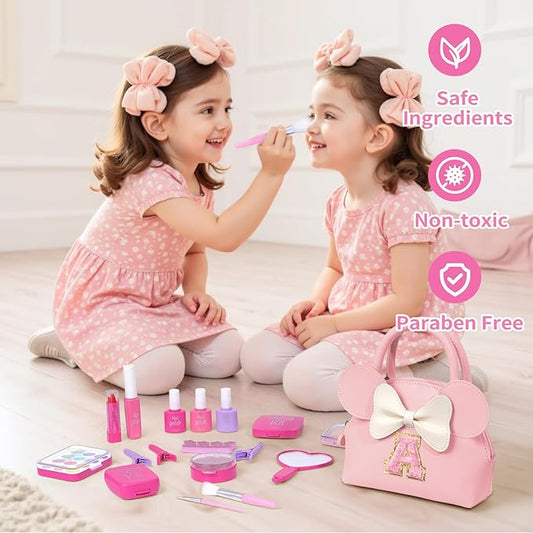 Pretend Makeup Kit for Girls Kids Toddlers - Initial Purse & Makeup Sets for Kids Make Up Toys Gifts for Girls Kid T