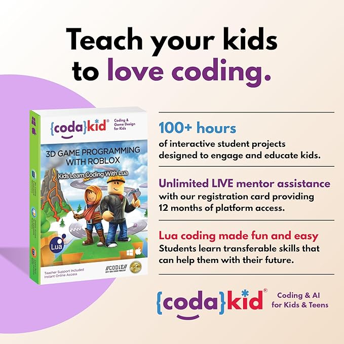 CodaKid Roblox Coding, Award-Winning, Coding for Kids, Ages 9+ with Online Mentoring Assistance, Learn Computer Programming and Code Fun Games with Lua and Video Game Programming Software (PC & Mac)