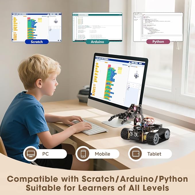 Robotics for Kids Ages 12-16, ACEBOTT Smart Robot Arm with 5DOF + Tank Car, STEM Toys Coding Kit Compatible with Arduino & Scratch, App & Remote Control, Gift for Kids & Teens