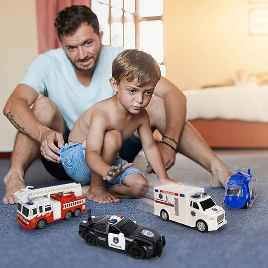 COVTOY 4 Pack Emergency Vehicles with Lights & Siren Sounds - Fire Truck, Ambulance, Police Car & Helicopter - Friction Powered Toys for Boys 3-6
