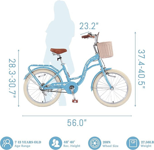 Girls Bikes Ages 8-12, 20 Inch Girls Bike Kids Bicycle with Basket, Lightweight Kids' Bicycles with Front and Rear Brakes, Cruiser Bike for Children, Multiple Colors