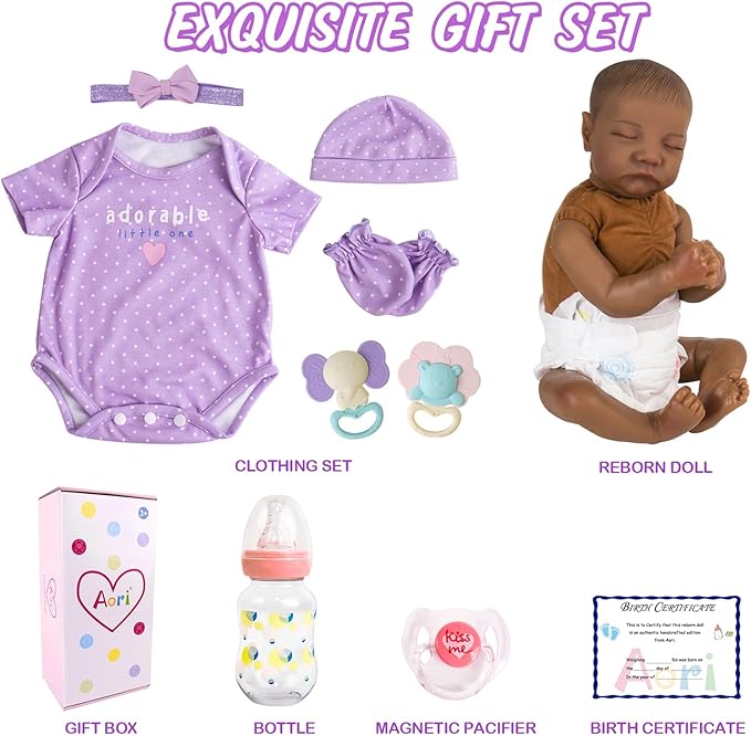 Aori Reborn Baby Dolls Black Girl - 18-inch Realistic Baby Dolls, Lifelike Soft Vinyl Black American Doll, Nice Gift for Kids, Pre-Parents, Grand-Parents, Doll Collectors