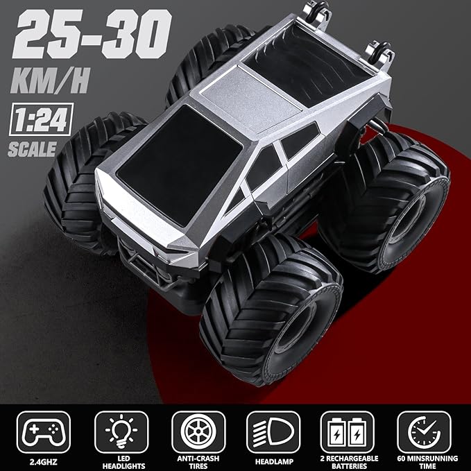 Remote Control Car, 4WD 25 KPH High Speed All Terrain RC Truck, 2.4GHz Remote Control Pick-up Truck with 2 Rechargeable Batteries, 1:24 Scale Hobby Monster Car Toys for 6+ Years