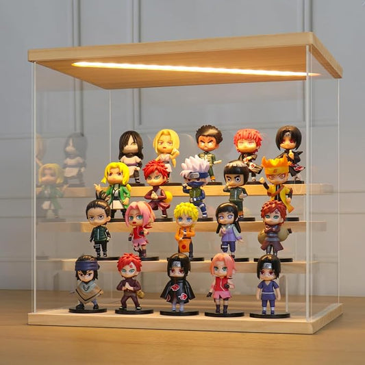 LANSCOERY LED Lighted Acrylic Display Case, 4 Tier Display Box for Collectibles and Action Figures, Clear Dustproof Organizer with Wooden Base – 11.8x8.9x11inch