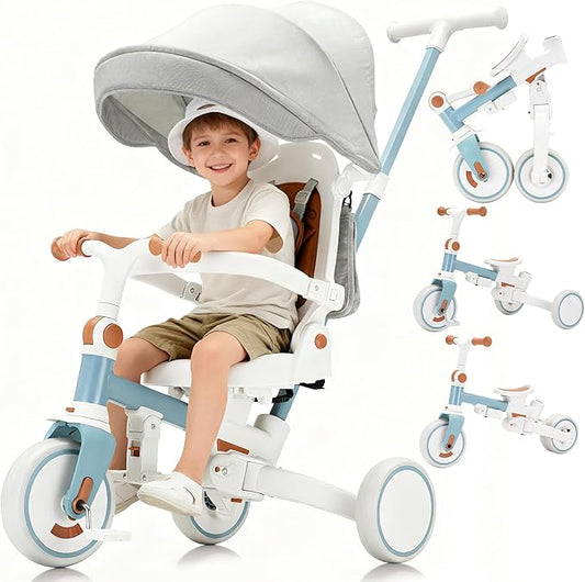 Tricycle Stroller for Toddler,Foldable Baby Tricycle,Kids Balance Bike with Push Handle,Toddlers Stroller Bike with 1-5 Years,7-in-1 Push Tricycle Bike for Kids-Blue