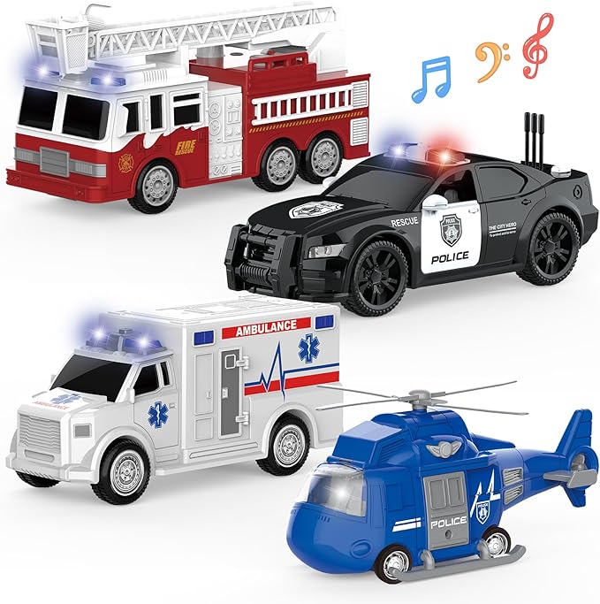 COVTOY 4 Pack Emergency Vehicles with Lights & Siren Sounds - Fire Truck, Ambulance, Police Car & Helicopter - Friction Powered Toys for Boys 3-6