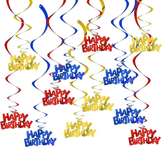 BEISHIDA 12 Pcs Happy Birthday Hanging Swirl Decorations, Pre-Strung Birthday Party Hanging Decor Supplies for Kids Adults（Red, Blue Gold）