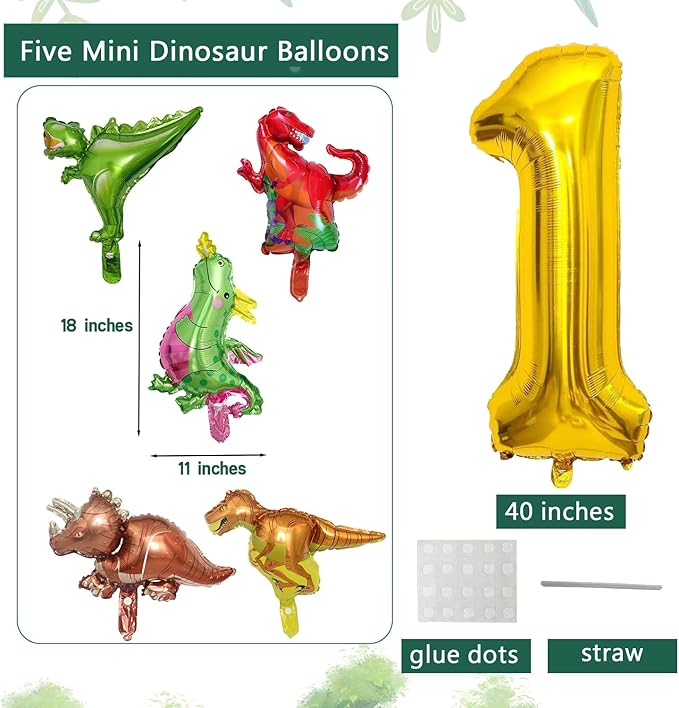 LilyZheng Dinosaur Number 1 Balloon, 40 Inch Large Gold Foil Number Balloon with 5 Mini Dino Balloons, Roar Dinosaur Birthday Decorations for Jungle Theme 1st Birthday or Baby Shower Party Decorations
