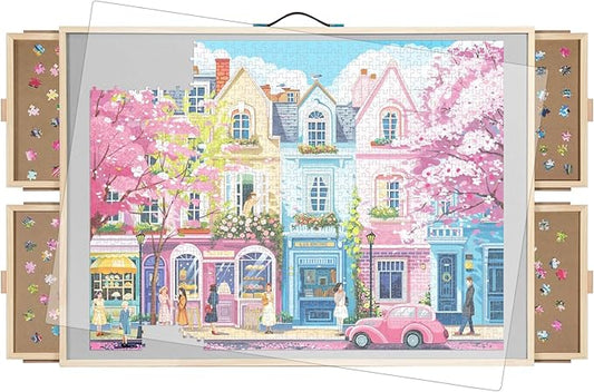 ALL4JIG 2000 Pieces Rotating Puzzle Board with 4 Drawers & Lazy Susan, 40.1" × 28.5" Wooden Jigsaw Puzzle Table with Cover, Portable Puzzle Board