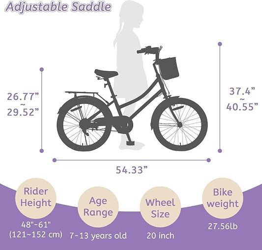 Girls Bikes Ages 8-12, 20 Inch Girls Bike Kids Bicycle with Basket, Lightweight Kids' Bicycles with Front and Rear Brakes, Cruiser Bike for Children, Multiple Colors