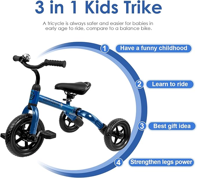 YGJT 3 in 1 Tricycle for Toddlers Age 2-5 Years Old, Folding Kids Balance Bikes with Adjustable Seat and Removable Pedal, Ride-on Toys for Infant, Gift for Baby Boys Girls Birthday(Blue)