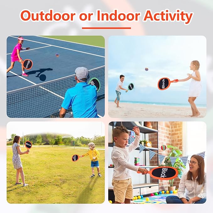 Racquet Paddle Bouncy Ball Play Set for Kids Adults Family Activities Rackets, Indoor Outdoor Play Games,Children’s Pool Beach Sport Toys(with 4 Balls)