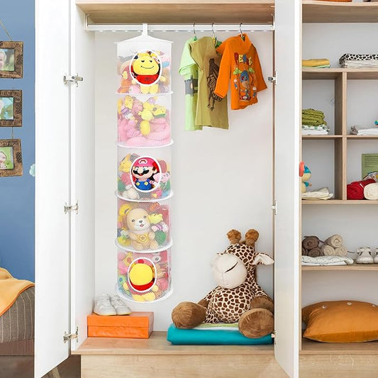 2Pcs Hanging Mesh Space Saver Bags Organizer, Foldable Stuffed Animal Storage Organizer 5 Compartments Toy Storage Organizer for Kid Room Toys, Gloves,Hats,Socks Storage, White