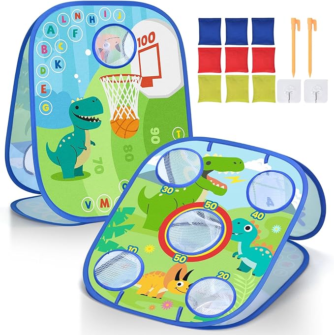 Dinosaur Cornhole Games Set for Kids, 6-in-1 Bean Bag Toss Game,Basketball Dart Board, Sports Play and Learn Eduational Toys for Toddler, Indoor Outdoor Games Toys Gifts for Kids Age 3 4 5 6 7 8