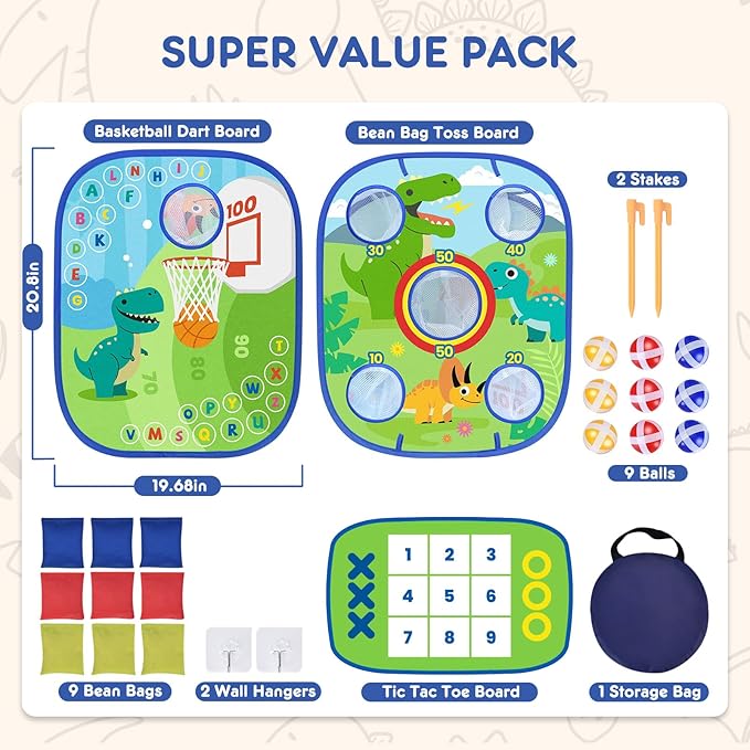 Dinosaur Cornhole Games Set for Kids, 6-in-1 Bean Bag Toss Game,Basketball Dart Board, Sports Play and Learn Eduational Toys for Toddler, Indoor Outdoor Games Toys Gifts for Kids Age 3 4 5 6 7 8