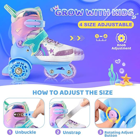 NEMONE Mermaid 4 Size Adjustable Light up Roller Skates for Girls, Purple Blue Skates for Toddlers, Beginner Kids Butterfly Roller Skates Indoor Outdoor