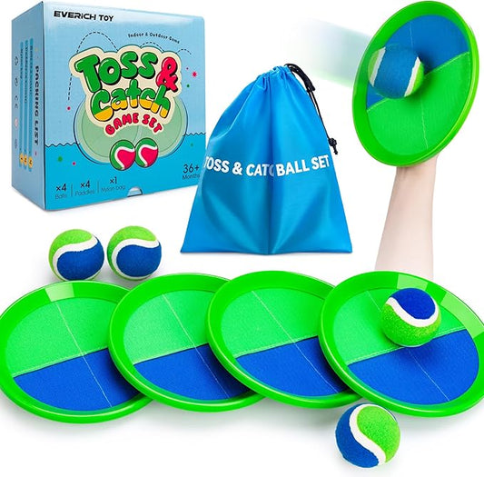 EVERICH Upgraded Toss and Catch Ball Game Set - Indoor and Outdoor Games for Kids 3-12, Beach Sand Pool Water Toy Includes 4 Paddles 4 Sticky Balls, Great Birthday Easter Gifts for Boys Girls