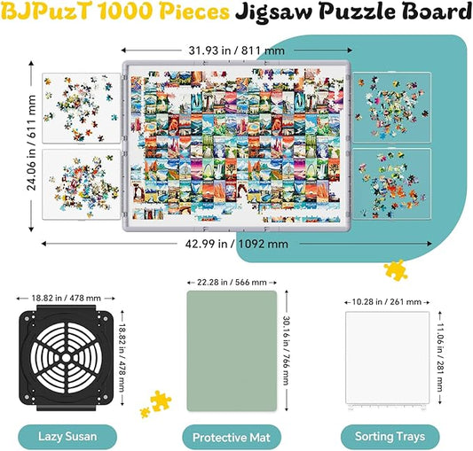 1000 Pieces Puzzle Board 3-in-1 Portable Double-Sided & Board Tilting & Rotating, Puzzle Table with Rotating Plastic Drawers and Cover, Portable Spinning Jigsaw 31.93"x24.06" for Kids Seniors Adults