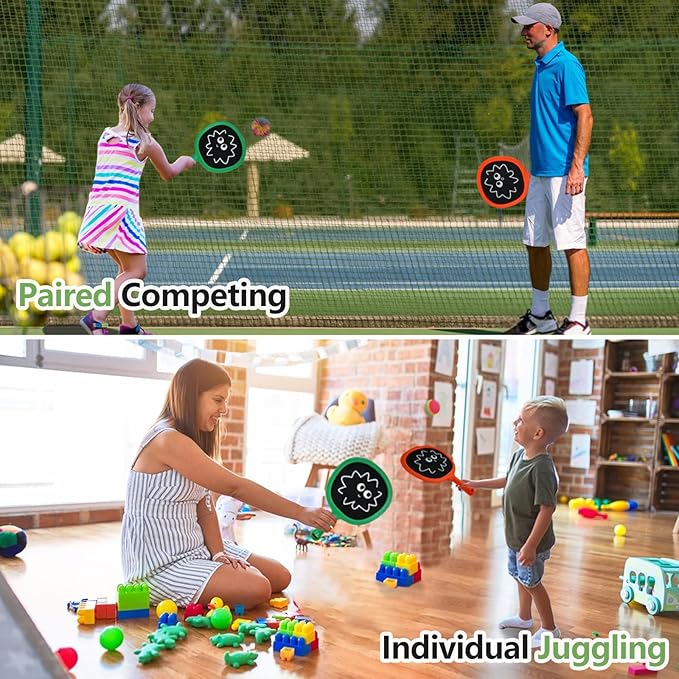 Racquet Paddle Bouncy Ball Play Set for Kids Adults Family Activities Rackets, Indoor Outdoor Play Games,Children’s Pool Beach Sport Toys(with 4 Balls)