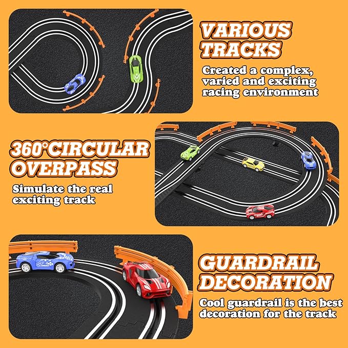 Slot Car Race Track Sets with 4 High-Speed Racing Car, Battery or Electric Race Car Track for Boys and Kids, Dual Racing Game Lap Counter Circular Overpass Track, Gifts Toys for Boys Kids Age 6 7 8-12