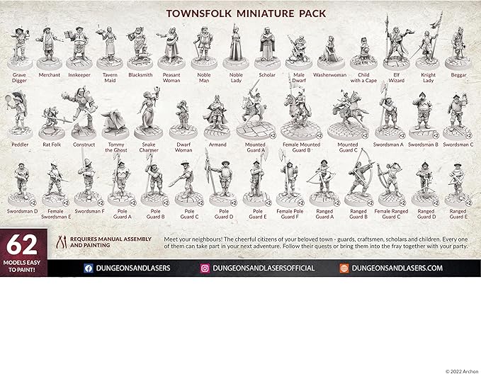 Dungeons & Lasers Townsfolk DND Miniatures Set - with 62 NPC Figures for D&D and 5E Compatible RPG Games - 28MM Size, Unpainted, Unassembled - for 14 Years +